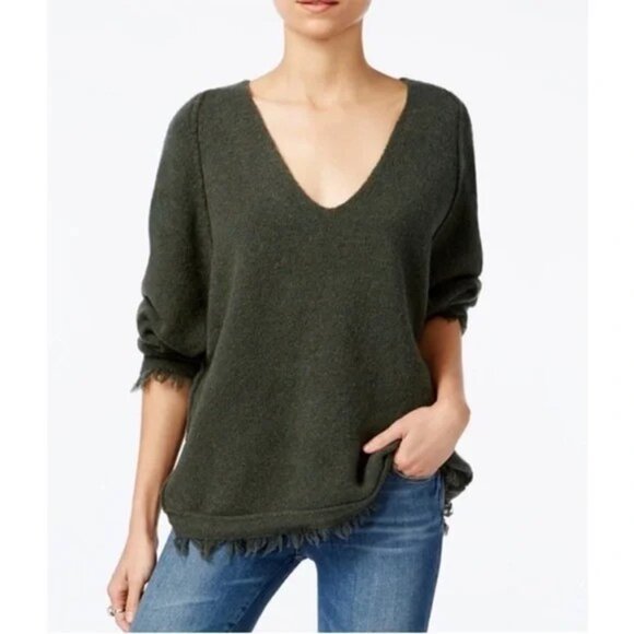Free People Irresistible V neck Sweater Fringe Wool Blend Green Size S - Picture 2 of 8